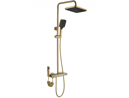 Купити Душевая штанга с верхним душем REA ROB BRUSHED GOLD цвет золотой-чёрный с термостатом и изливом